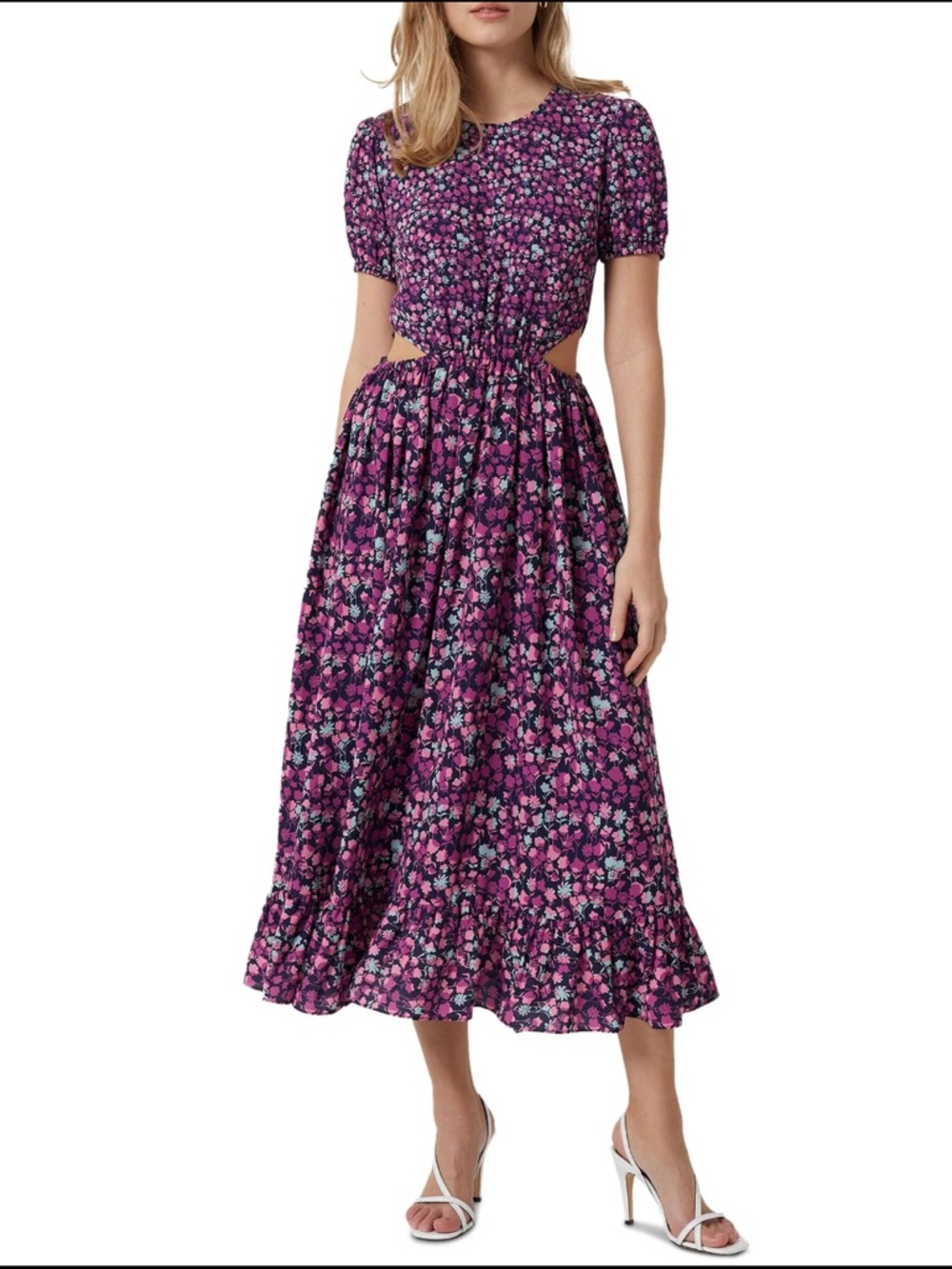French Connection Pink and Purple Floral Cutout Midi Dress